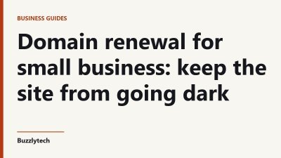 Title card: Domain renewal for small business: keep the site from going dark — Buzzlytech